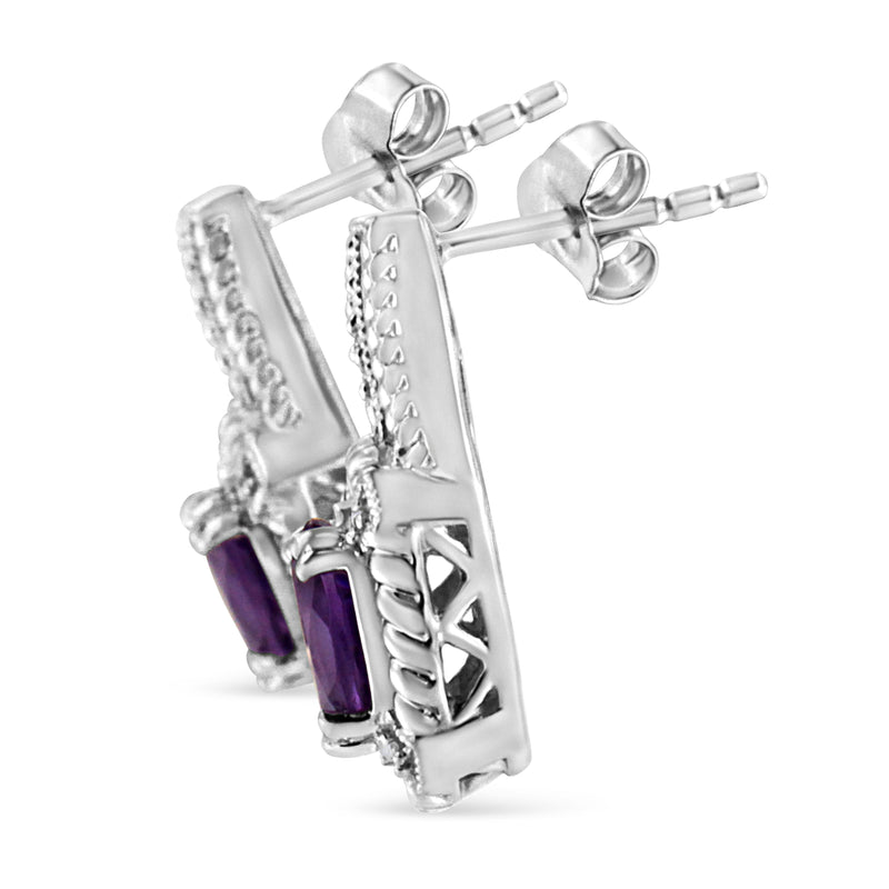 Bids.com .925 Sterling Silver 8x6 MM Natural Oval Purple Amethyst Gemstone and Diamond Accent Art Deco Style Drop and Dangle Earrings (I-J Color, I1-I2 Clarity) Earrings White Smoke White.Sterling Silver / 0.052