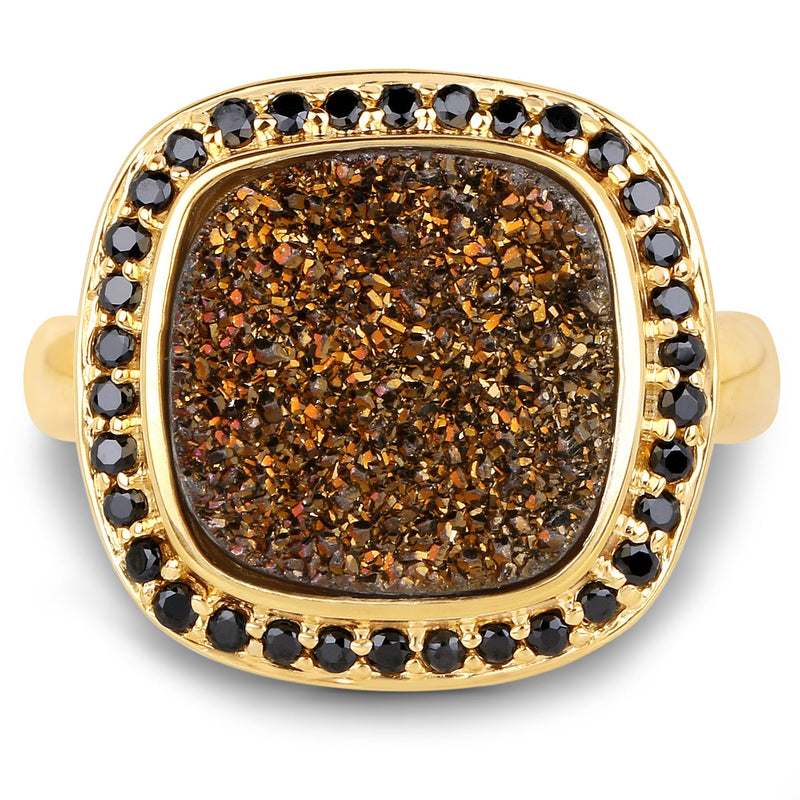 Bids.com 14K Yellow Gold Plated 6.19 Carat Genuine Drusy Quartz and Black Spinel .925 Sterling Silver Ring Rings White Smoke size 7.00,size 6.00,size 8.00,size 9.00