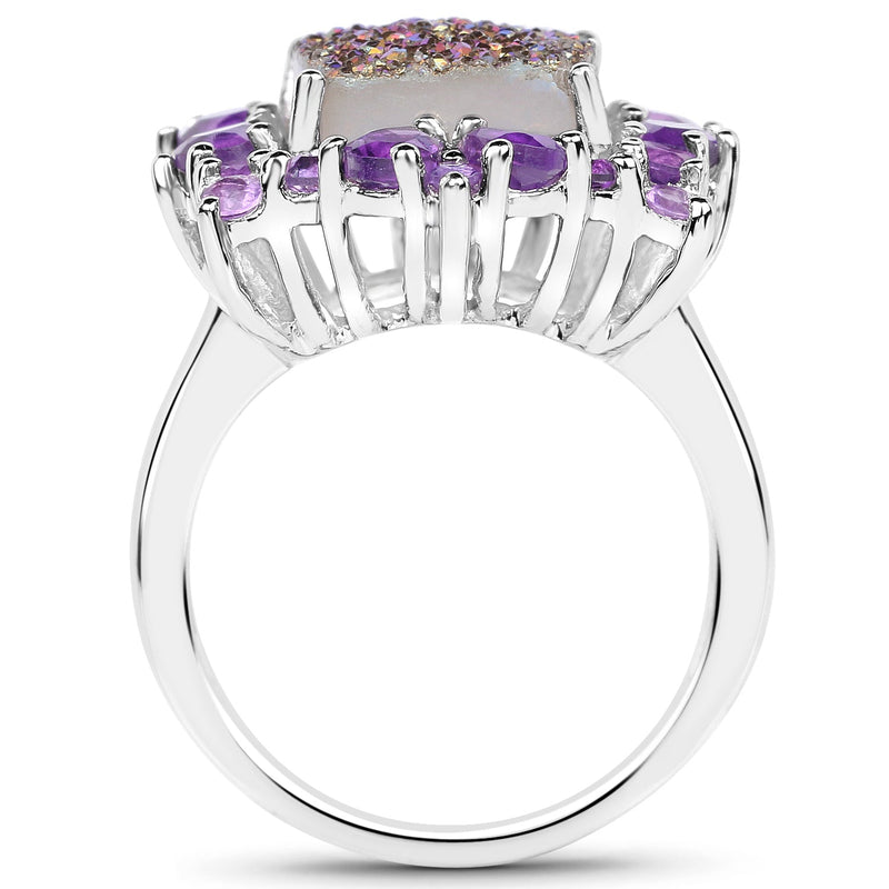 Bids.com 5.97 Carat Genuine Drusy Quartz and Amethyst .925 Sterling Silver Ring Rings White Smoke size 7.00,size 6.00,size 8.00,size 9.00