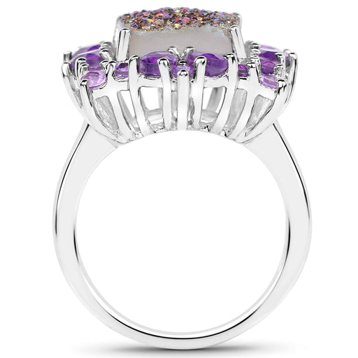 Bids.com 5.97 Carat Genuine Drusy Quartz and Amethyst .925 Sterling Silver Ring Rings White Smoke size 7.00,size 6.00,size 8.00,size 9.00