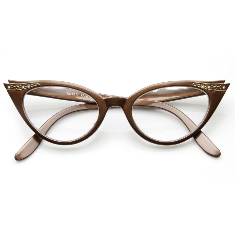 zeroUV Vintage 1950s Fashion Clear Lens Glasses Rhinestones 8434 Glasses White Smoke Brown