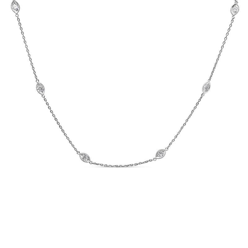 Bids.com 14K White Gold 1.00 Cttw Bezel Set Round Diamond Marquise Shaped Milgrain Station 18" Collar Necklace (G-H Color, SI1-SI2 Clarity) Necklaces White Smoke White.Gold / 18