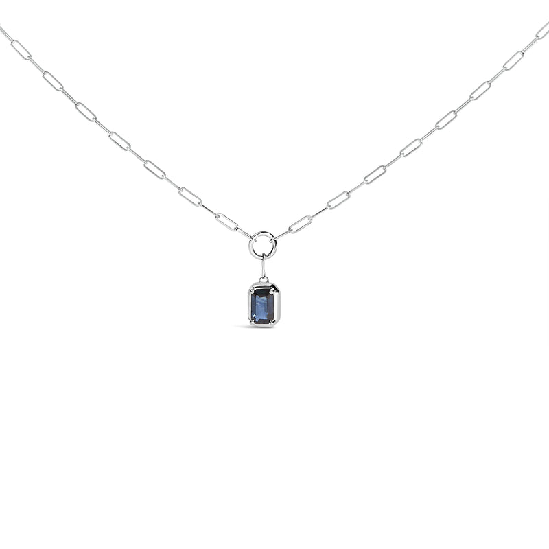 Bids.com 10K White Gold Emerald Cut 6x4 MM Blue Sapphire Solitaire Pendant Necklace - 18 inch Necklaces White Smoke White.Gold / 18