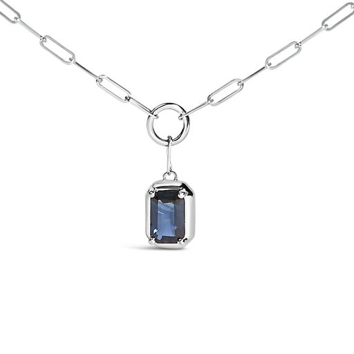 Bids.com 10K White Gold Emerald Cut 6x4 MM Blue Sapphire Solitaire Pendant Necklace - 18 inch Necklaces White Smoke White.Gold / 18