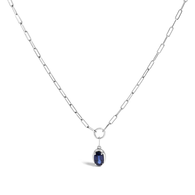 Bids.com 10K White Gold 6x4 mm Oval Blue Sapphire Solitaire Paperclip Pendant Necklace - 18" Inches Necklaces White Smoke White.Gold / 18
