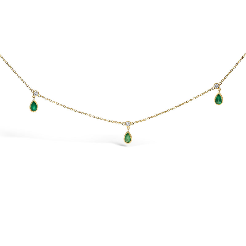 Bids.com 10K Yellow Gold Dangling 5x3 mm Green Emerald and Diamond Station Necklace - 18" Inches Necklaces White Smoke Yellow.Gold / 18