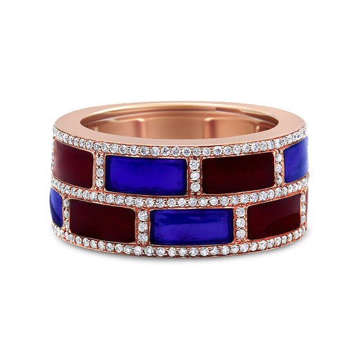 Bids.com 18K Rose Gold Alternating Red and Blue Enamel and 1/2 Cttw Diamond Studded Band Ring (F-G Color, VS1-VS2 Clarity) - Ring Size 7 Rings Black 7 / Rose.Gold
