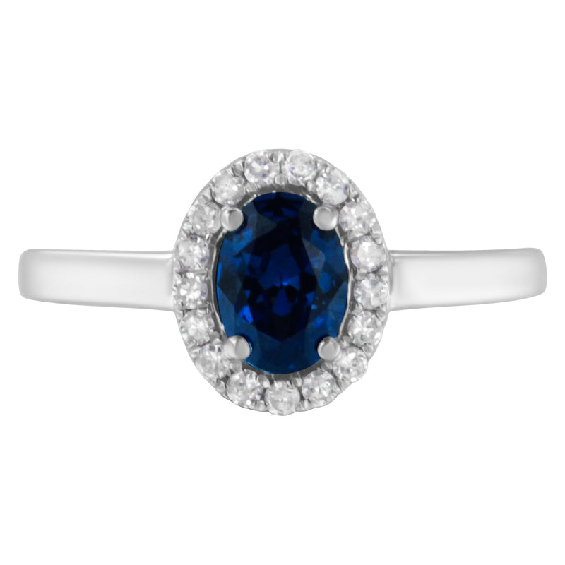 Bids.com 10K White Gold 1/5 Cttw Round Diamond and Prong Set 7MM Created Blue Sapphire Halo Cocktail Ring (H-I Color, I1-I2 Clarity) - Size 7 Rings White Smoke 7 / White.Gold