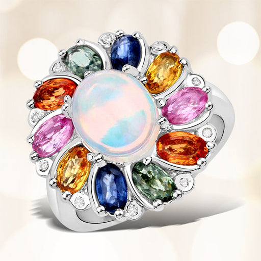 Bids.com 3.92 Carat Genuine Ethiopian Opal, Multi Sapphire and White Diamond .925 Sterling Silver Ring Rings White Smoke size 7.00,size 8.00,size 6.00,size 9.00,size 5.00,size 8.50