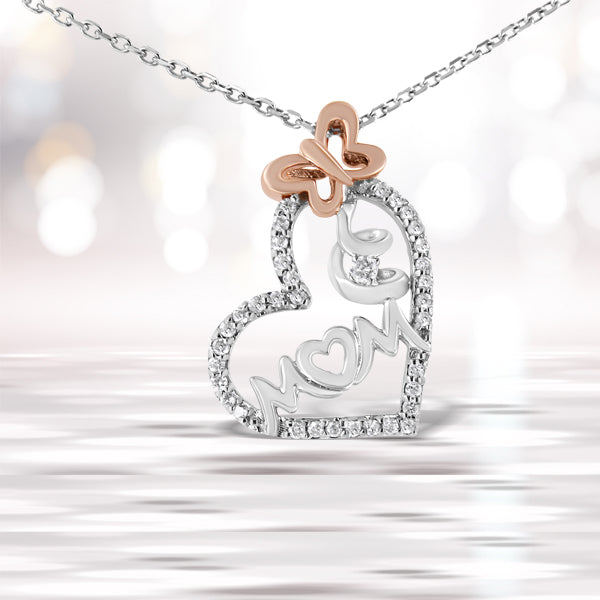 Bids.com Two Tone .925 Sterling Silver 1/5 cttw Diamond "Mom" and Heart Pendant Necklace (H-I, I1-I2) Necklaces White Smoke WhiteRose.Sterling Silver / 18