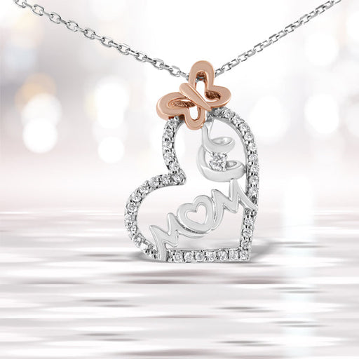 Bids.com Two Tone .925 Sterling Silver 1/5 cttw Diamond "Mom" and Heart Pendant Necklace (H-I, I1-I2) Necklaces White Smoke WhiteRose.Sterling Silver / 18