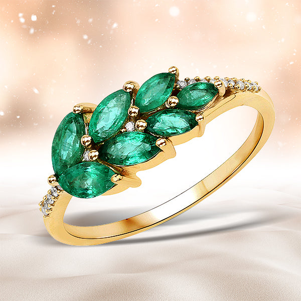 Bids.com 0.68 Carat Genuine Zambian Emerald and White Diamond 14K Yellow Gold Ring Rings Antique White size 7.00,size 6.00,size 8.00,size 5.00,size 9.00