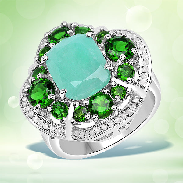 Bids.com 5.49 Carat Genuine Emerald, Chrome Diopside and White Diamond .925 Sterling Silver Ring Rings Beige size 7.00,size 5.00,size 6.00,size 8.00,size 9.00