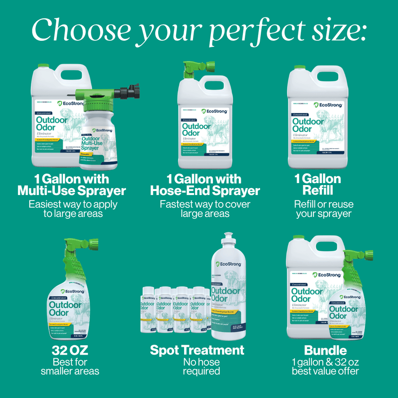 EcoStrong Outdoor Odor Eliminator Pet & Animal > Outdoor Odor Dark Cyan 1 Gallon Jug and Multi Use Sprayer,1 Gallon Jug and Hose End Sprayer,1 Gallon Jug,32 oz Sprayer Bottle and 1 Gallon Refill,32 oz Sprayer Bottle,10 x 2 oz Shots and Sprayer Bottle,5 Gallon Pail