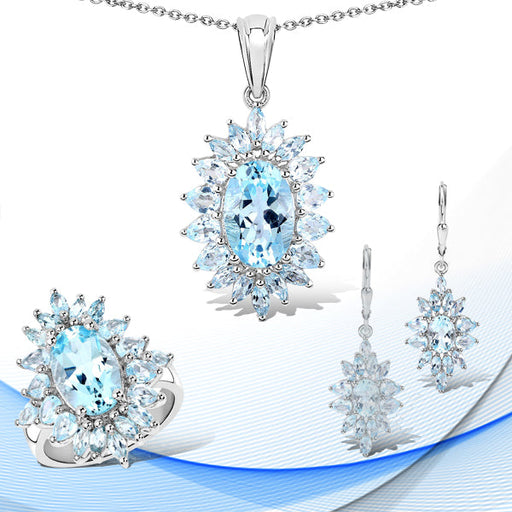 Bids.com 19.18 Carat Genuine Blue Topaz .925 Sterling Silver 3 Piece Jewelry Set (Ring, Earrings, and Pendant w/ Chain) Jewelry Sets White Smoke size 6.00,size 7.00,size 8.00,size 9.00,size 5.00