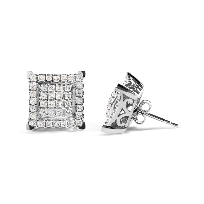 Bids.com 10K White Gold 1 1/4 Cttw Princess Diamond Composite Double Square and Halo Stud Earrings (I-J Color, I1-I2 Clarity) Earrings White Smoke White.Gold / 1.23