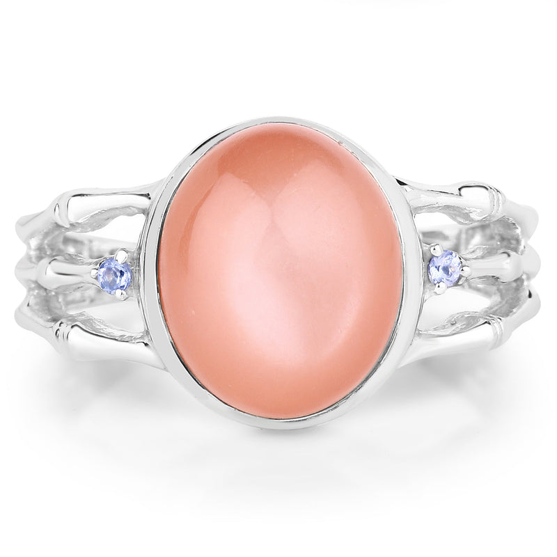Bids.com 6.54 Carat Genuine Peach Moonstone and Tanzanite .925 Sterling Silver Ring Rings White Smoke size 7.00,size 9.00,size 6.00,size 8.00