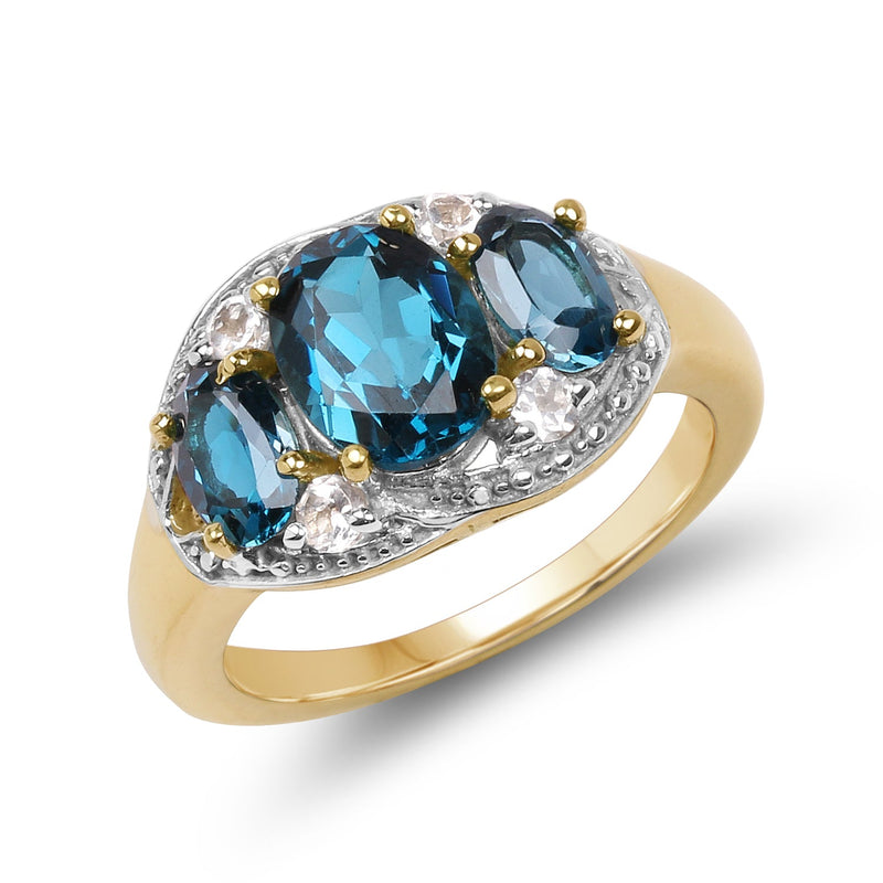 Bids.com 14K Yellow Gold Plated 2.77 Carat Genuine London Blue Topaz and White Topaz .925 Sterling Silver Ring Rings White Smoke size 6.00,size 7.00,size 8.00,size 9.00