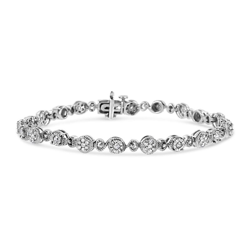 Bids.com .925 Sterling Silver 1.0 Cttw Diamond Swirl Beaded Link Bracelet (I-J Color, I3-Promo Clarity) - 7.25" Inches Bracelets White Smoke White.Sterling Silver / 7.25