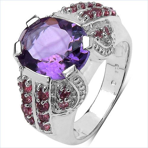 Bids.com 5.37 Carat Genuine Amethyst & Rhodolite .925 Sterling Silver Ring Rings White Smoke size 6.00,size 8.00,size 7.00,size 9.00