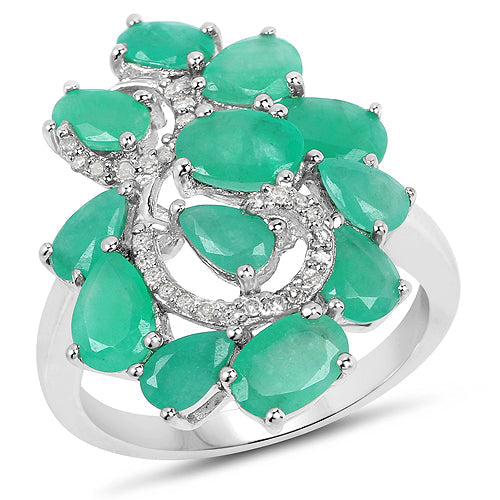 Bids.com 3.57 Carat Genuine Emerald and White Diamond .925 Sterling Silver Ring Rings White Smoke size 6.00,size 7.00,size 8.00