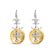 Bids.com 18K Yellow Gold Plated .925 Sterling Silver 1/8 Cttw Diamond Hammered Finished Medallion with Cross Drop and Dangle Earrings (I-J Color, SI1-SI2 Clarity) Earrings White Smoke YellowWhite.Sterling Silver / 0.13