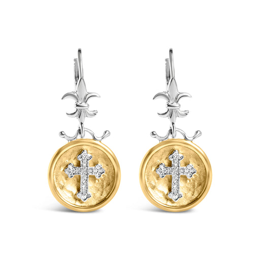Bids.com 18K Yellow Gold Plated .925 Sterling Silver 1/8 Cttw Diamond Hammered Finished Medallion with Cross Drop and Dangle Earrings (I-J Color, SI1-SI2 Clarity) Earrings White Smoke YellowWhite.Sterling Silver / 0.13