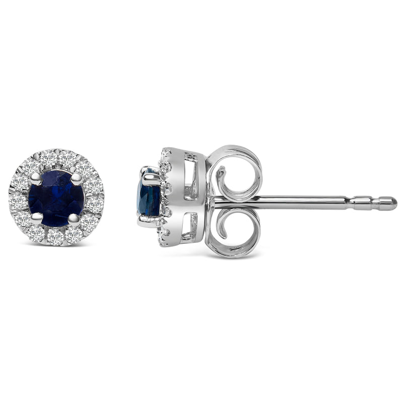 Bids.com 10K White Gold 3.25mm x 3.25mm Round Blue Sapphire and 1/10 Cttw Diamond Halo Stud Earrings (I-J Color, I1-I2 Clarity) Earrings White Smoke White.Gold / 0.117
