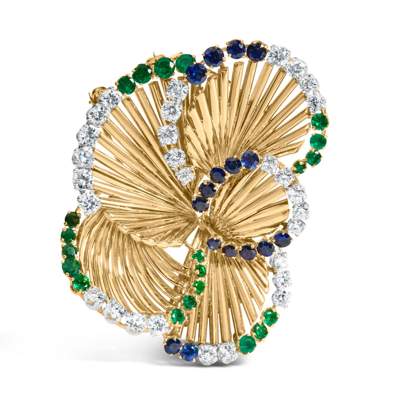 Bids.com 18K Yellow Gold 2 1/3 Cttw Diamond, Sapphire, and Emerald Sculpted Petal Brooch Pin (G-H Color, VS1-VS2 Clarity) Accessories White Smoke Yellow.Gold / 2.3