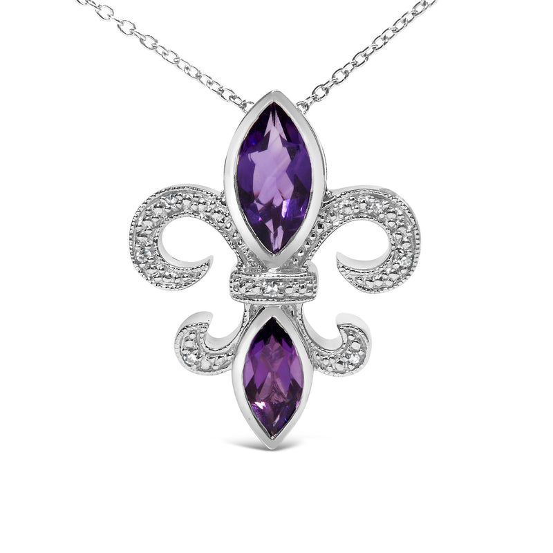 Bids.com .925 Sterling Silver Purple Amethyst Marquise and Diamond Accent Fleur De Lis Pendant Necklace (H-I Color, SI1-SI2 Clarity) - Size 18" Necklaces White Smoke White.Sterling Silver / 18