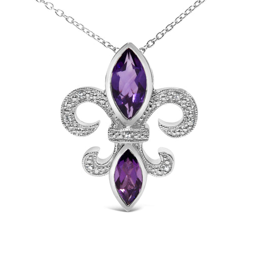 Bids.com .925 Sterling Silver Purple Amethyst Marquise and Diamond Accent Fleur De Lis Pendant Necklace (H-I Color, SI1-SI2 Clarity) - Size 18" Necklaces White Smoke White.Sterling Silver / 18