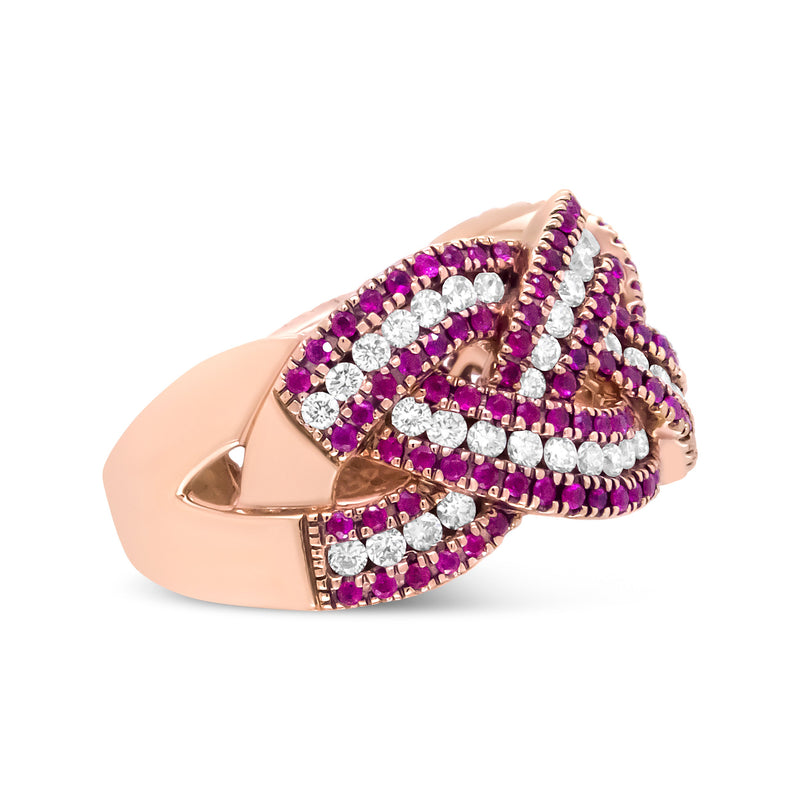 Bids.com 18K Rose Gold Red Ruby and 7/8 Cttw Diamond Woven Braided Band Ring (F-G Color, VS1-VS2 Clarity) - Ring Size 7 Rings White Smoke 7 / Rose.Gold