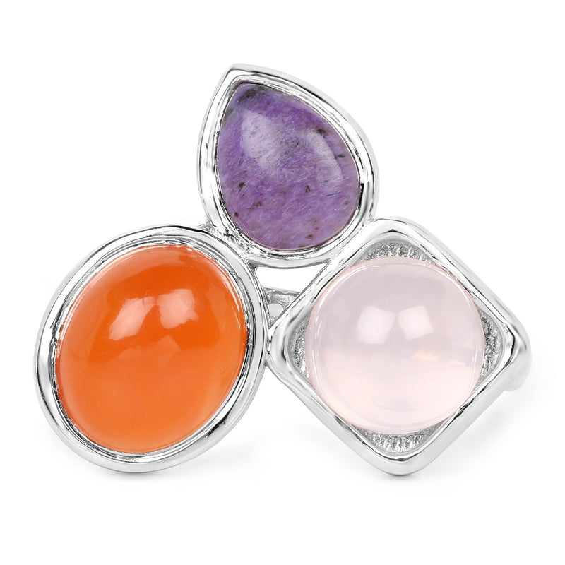 Bids.com 5.21 Carat Genuine Rose Quartz, Carnelian And Charolite .925 Sterling Silver Ring Rings White Smoke size 6.00,size 7.00,size 8.00,size 9.00