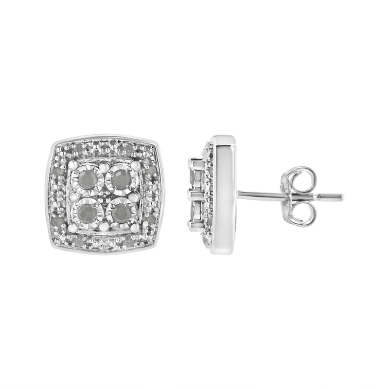 Bids.com .925 Sterling Silver 1/4 cttw Round Cut Diamond Square Shape Milgrain Stud Earrings (I-J Color, I3 Clarity) Earrings White Smoke White.Sterling Silver / 0.25