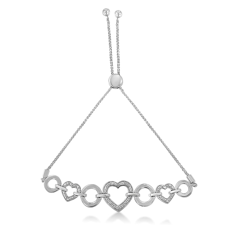 Bids.com .925 Sterling Silver 1/10 Cttw Round-Cut Diamond Heart-Link Adjustable Bolo Bracelet ( H-I Color, I2-I3 Clarity) - 6"-9" Adjustable Bracelets White Smoke White.Sterling Silver / 7