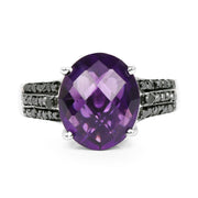Bids.com 3.96 Carat Genuine Amethyst & Black Diamond .925 Sterling Silver Ring Rings White Smoke size 7.00,size 6.00,size 8.00,size 9.00