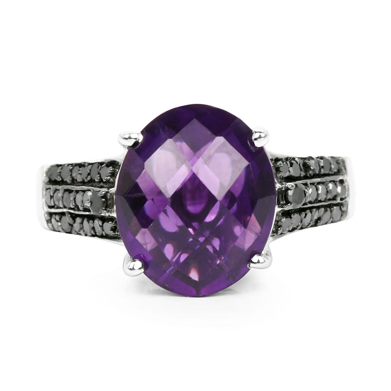 Bids.com 3.96 Carat Genuine Amethyst & Black Diamond .925 Sterling Silver Ring Rings White Smoke size 7.00,size 6.00,size 8.00,size 9.00