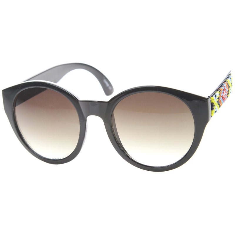 zeroUV Boho Native Print Bead Arm Accent Round Cat Eye Sunglasses A112 Sunglasses White Smoke Black-Yellow / Lavender,Black-Green / Lavender