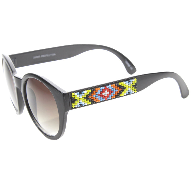 zeroUV Boho Native Print Bead Arm Accent Round Cat Eye Sunglasses A112 Sunglasses White Smoke Black-Yellow / Lavender