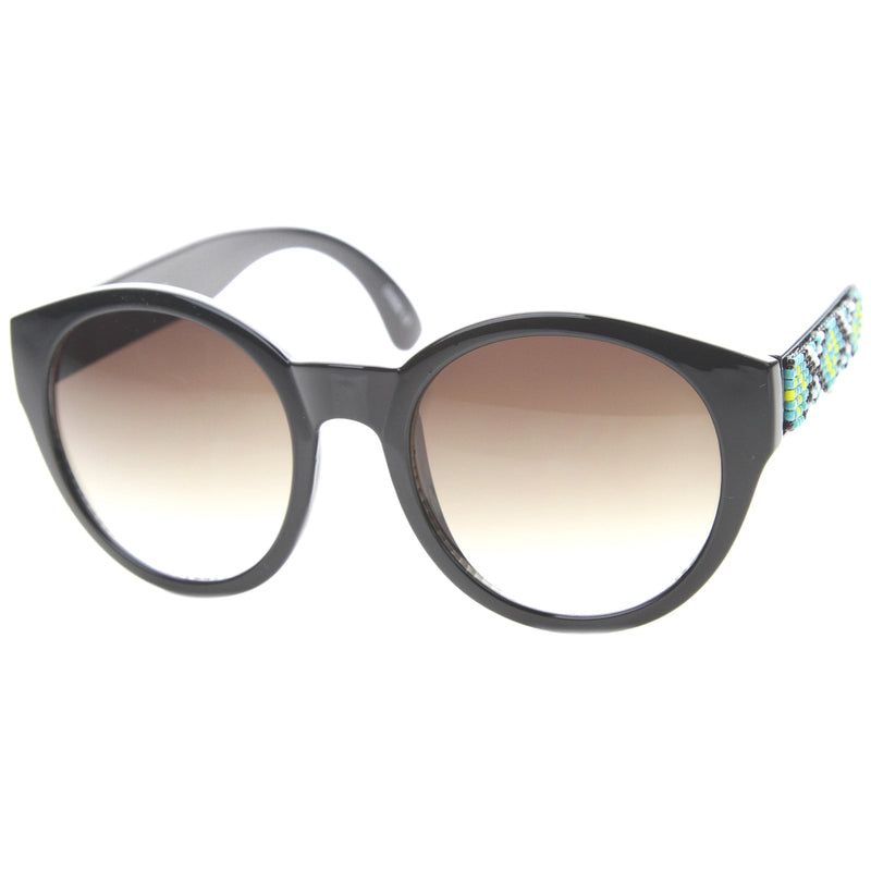 zeroUV Boho Native Print Bead Arm Accent Round Cat Eye Sunglasses A112 Sunglasses White Smoke Black-Yellow / Lavender,Black-Green / Lavender