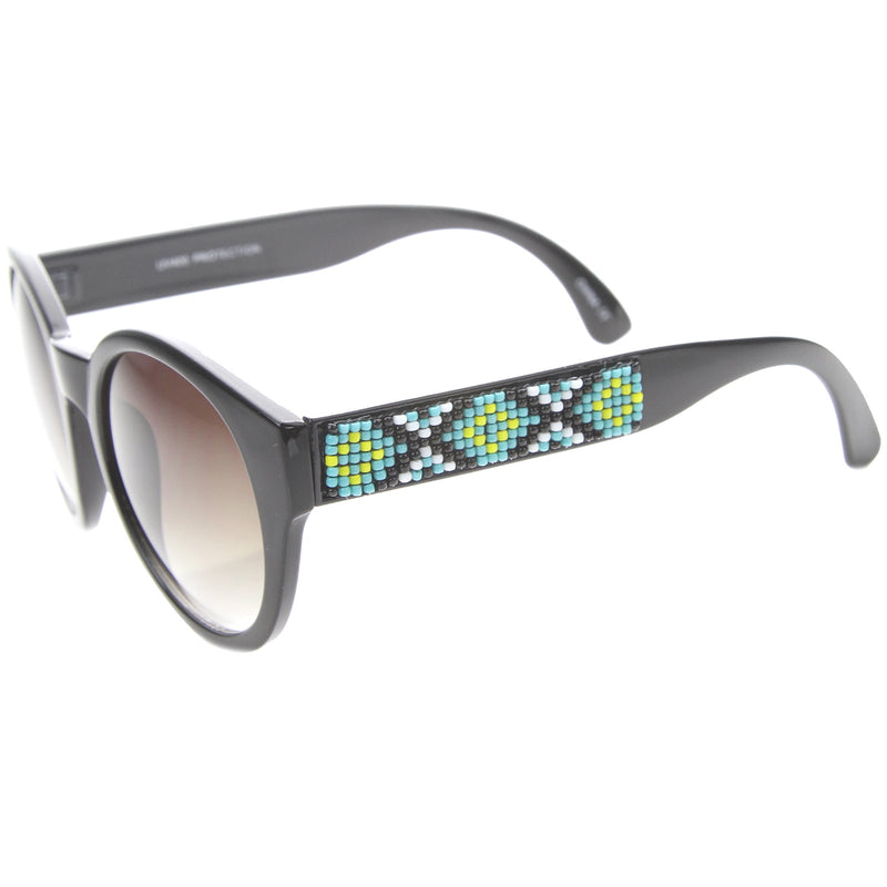 zeroUV Boho Native Print Bead Arm Accent Round Cat Eye Sunglasses A112 Sunglasses White Smoke Black-Green / Lavender
