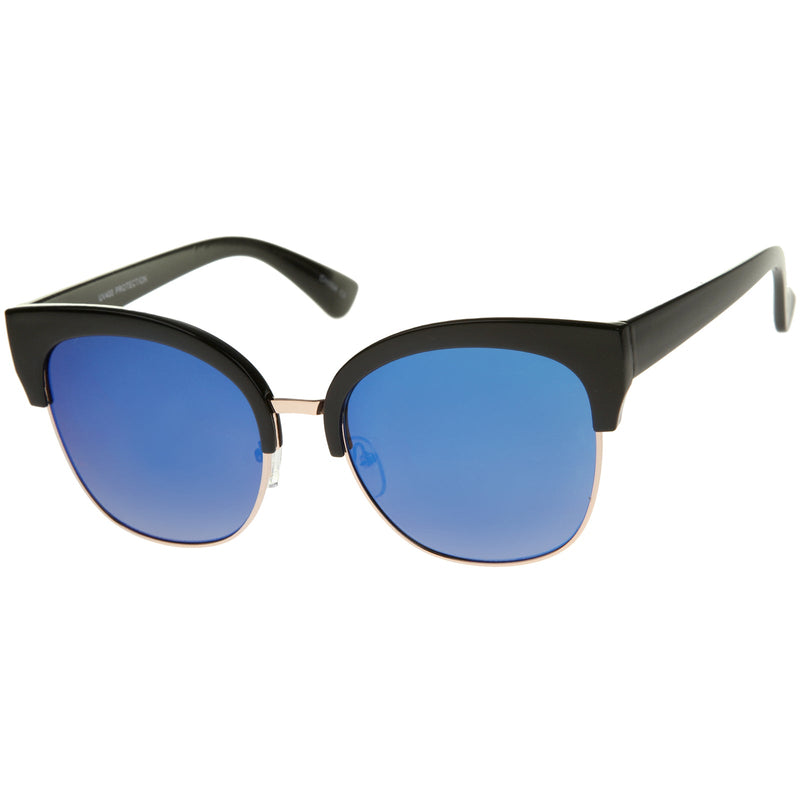 zeroUV Modern Mirrored Flat Lens Cat Eye Half Frame Sunglasses A325 Sunglasses White Smoke Tortoise Pink Mirror,Black Blue Mirror,Tortoise Magenta Mirror,Black Silver Mirror,Black Gold Mirror
