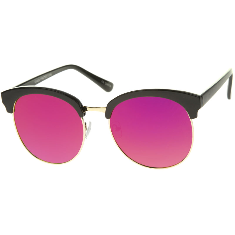 zeroUV Women's Oversize Round Half Frame Flash Lens Sunglasses A388 Sunglasses White Smoke Black Gold Magenta Mirror,Black Gold Silver Mirror,Tortoise Gold Orange Mirror,Tortoise Gold Purple Mirror,Black Gold Gold Mirror