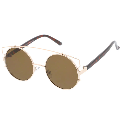 zeroUV Retro Modern Oversize Round Flat Lens Crossbar Sunglasses A540 Sunglasses White Smoke Silver Matte Black Smoke,Black Matte Black Green,Gold Tortoise Green,Gold Tortoise Brown,Gold Black Lavender,Gold White Smoke Gradient