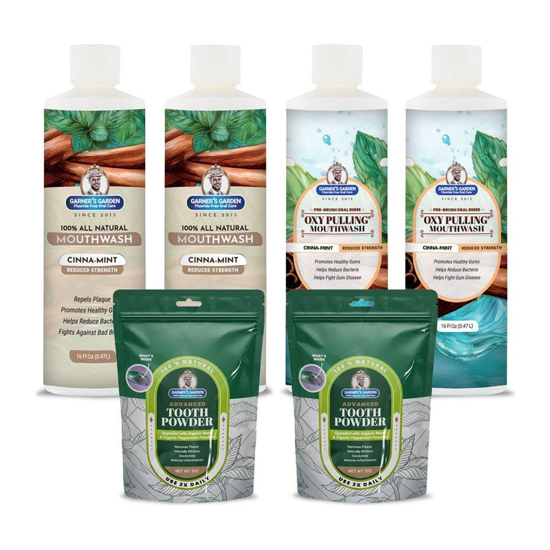 Garner's Garden 2 Pack Oral Care Package | Trio | H2O2 | Fluoride Free Packages White Smoke 2 x 16oz Reduced Cinnamint Mouthwash & Oxy Pulling / 2 x 2oz Organic Tooth Powder