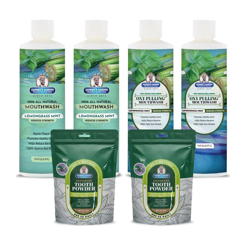 Garner's Garden 2 Pack Oral Care Package | Trio | H2O2 | Fluoride Free Packages White Smoke 2 x 16oz Reduced Lemongrassmint Mouthwash & Oxy Pulling / 2 x 2oz Organic Tooth Powder