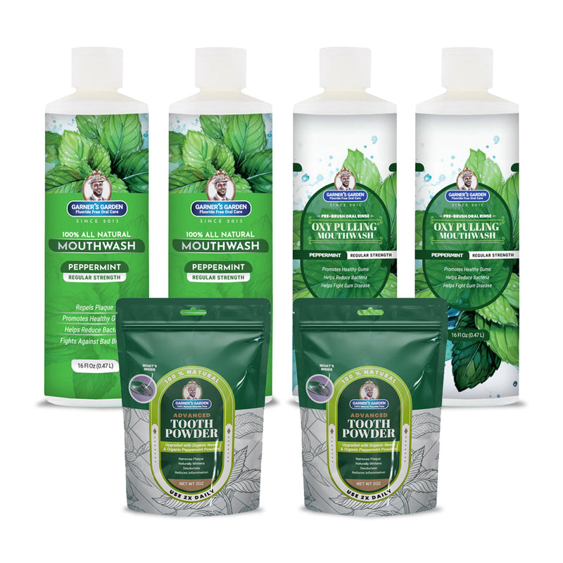 Garner's Garden 2 Pack Oral Care Package | Trio | H2O2 | Fluoride Free Packages White Smoke 2 x 16oz Regular Peppermint Mouthwash & Oxy Pulling / 2 x 2oz Organic Tooth Powder