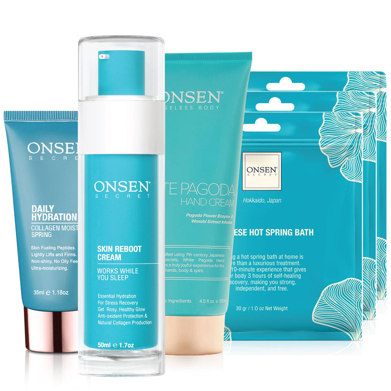 Onsen Secret Advanced Reboot Kit Skin Care Sets White Smoke 35ml Daily Hydration + 50ml Skin Reboot Cream + 135ml Hand Cream + 3 Pack Hot Spring Mineral Bath