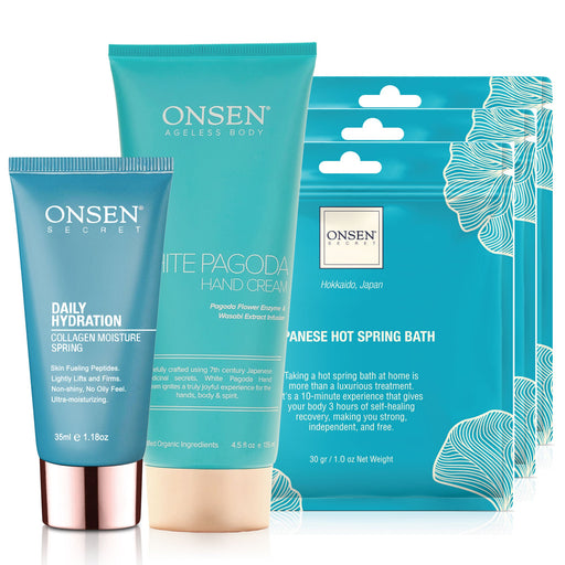 Onsen Secret Face & Body Reboot Kit Skin Care Sets White Smoke 35ml Daily Hydration + 135ml Hand Cream + 3 Pack Hot Spring Mineral Bath