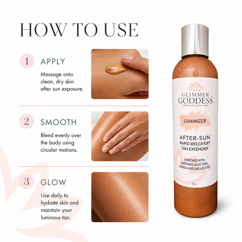 Glimmer Goddess® Organic Skin Care Organic After Sun Lotion & Tan Extender – Luminizing Shimmer Lotion & Moisturizer White Smoke